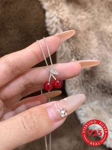 1pc S925 Sterling Silver Gentle Cute Mori Style Fresh Cherry Pendant Necklace, Unique Design Lively Playful Clavicle Chain, Niche Sweet Romantic Atmosphere Light Luxury Versatile Casual Party Neck Accessory For Women - Cherry - View 9