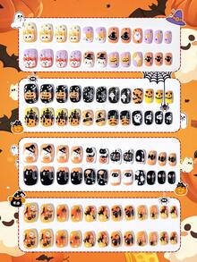 96pcs Y2K Style (Pumpkin, Bat, Spider, Spider Web, Castle, Kitten) Halloween Cartoon Little Girl Press-On Artificial Nails, Full Coverage Short Kids Fake Nails Set, Girls Gift, Nail Art Decoration, Holiday Nail Set - Multicolor - View 2