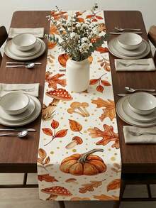 1 Pc Pumpkin Maple Leaf Mushroom Plaid Print Table Runner Farmhouse Autumn Style Polyester Rectangle Wrinkle Resistant Decorative Table Scarf Dining Home Thanksgiving Fall Daily Use - Burnt Orange - View 3