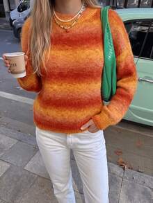 Women's Gradient Orange Fuzzy Crew Neck Knit Sweater, Loose Long Sleeve Casual Autumn Winter Pullover Top - Orange - View 4