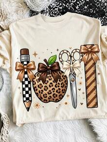 Back To School Teacher T-Shirt Leopard Teacher Apple School Supplies Checkered Polka Dot Pencil Scissors Ruler Bow Graphic Fall For Casual Summer - Multicolor - View 1