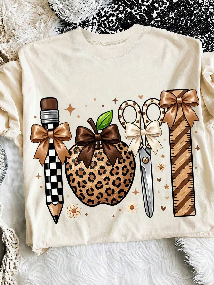 Back To School Teacher T-Shirt Leopard Teacher Apple School Supplies Checkered Polka Dot Pencil Scissors Ruler Bow Graphic Fall For Casual Summer - Multicolor - View 1