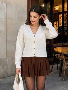 Women Autumn White V Neck Cable Knit Cardigan Gold Button Long Sleeve Loose Cropped Casual Going Out Tops - White - View 7