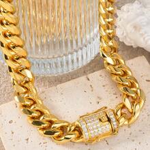 Thick Hip-Hop Fashion Street Style Thick Gold Cuban Chain Inlaid With Zirconia Necklace, Suitable Both Men Women, Suitable Daily Party Street Dance Wear - Gold - View 6