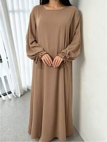 Elegant Double Layer Khimari Long Robe, Pearl Decorated Drawstring Sleeves, Loose Fit Modest Long Dress, Suitable For Middle Eastern Women - Multicolor - View 2