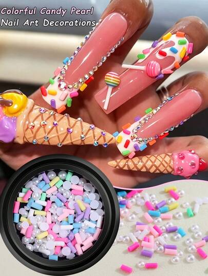 Colorful Candy Nail Art Decorations, Dopamine Macaron Colors Mini Sprinkle Rods White Flat Pearl Beads, Sweet Ice Cream Candy Theme Nail Charms, Resin Candy Sprinkles Accessories For Salon Home Y2K Kawaii Nail Design DIY Manicure Decor