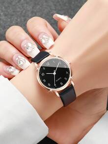Women's PU Leather Strap Classic Digital Small Dial Elegant Quartz Watch, Gift For Girlfriend (1pc/Set) Watch Box Not Included - Black - View 2