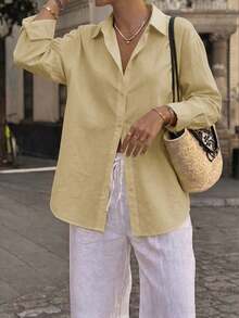 Vellofy Women's Fall Khaki Lapel Long Sleeve Button Down Shirt Loose Casual Top For Commute Dating Back To School Vacation - Yellow - View 6