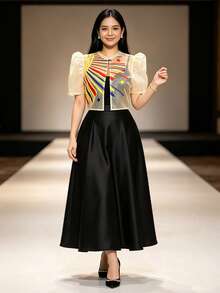 夏季時尚優雅印花泡泡袖短袖開襟衫上衣，女款 Bolero Filipiniana 上衣 - 香檳色 - 查看 3