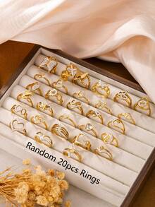 3/6/10/15/20/30pcs European And American Luxury Style Stainless Steel Gold Ring Set, Rhinestone Heart And Butterfly Design, Suitable For Women's Daily, Holiday, Date, Engagement, Wedding Wear - Gold - View 5