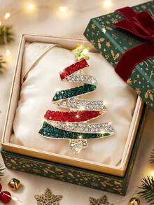 European Style Rhinestone Christmas Tree Brooch, Wavy Layered Five-Pointed Star Tree-Shaped Pin, Holiday Decorative Accessory For Sweaters, Coats And Bags - A - View 8