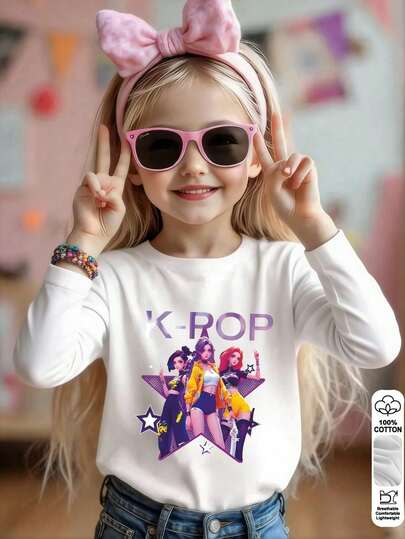 Girls' Long Sleeve White Base Layer Top, Spring/Autumn Basic Pullover, Cropped, Cartoon Floral Print, Casual Everyday Wear