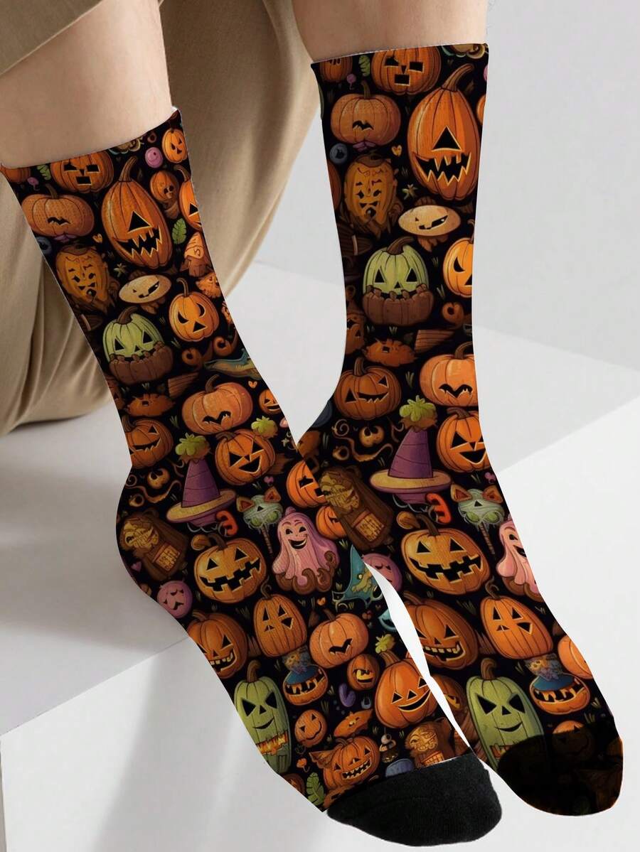 1 Pair Women's Mid-Calf Socks With Multiple Expressions, Pumpkin Witch Hat And Cute Ghost 360° Full Print, Fun Halloween Party Cosplay Casual Daily Socks, Unisex Style, Ideal Gift Choice - Multicolor - View 1