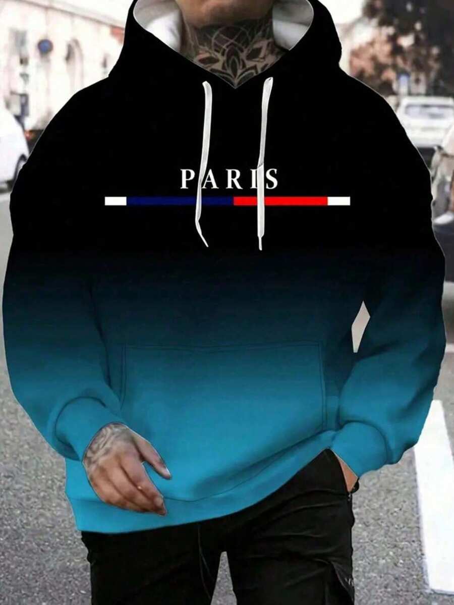 Plus Size Men's Gradient Paris Pattern Print Hoodie, With Pockets, Casual Long Sleeve Hooded Sweatshirt, Suitable For Outdoor Wear, Autumn/Winter Style - Black - View 1