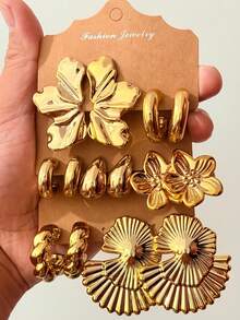 2/7 Pares de Aretes de Moda Dorados para Mujer, Adecuados para Uso Diario, Reuniones y Fiestas. - Dorado - Ver 1