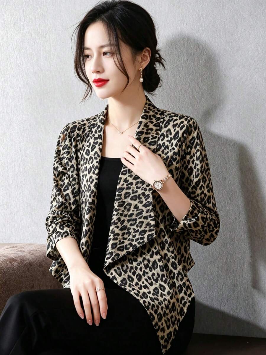 YUXIN 中长款花卉豹纹缎面披肩开衫，轻薄防晒外套