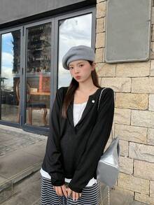 Black 2 In 1 Design Loose Long Sleeve T-Shirt Women's Early Spring New Casual Top - Black - View 1