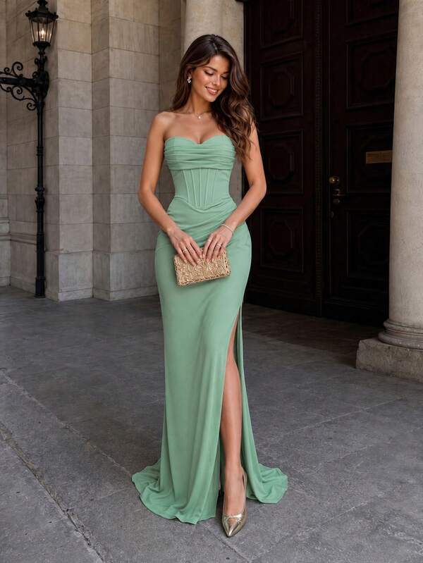 VIPGIRL Elegant Bridesmaid Dress: Strapless Fitted Satin Dress Fall