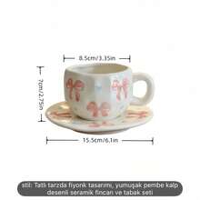 Cangkir dan Tatakan Kopi Keramik Motif Bunga Merah Muda, Mug Lukis Tangan, Cangkir Keramik Bergaya untuk Rumah, Sarapan, Susu, Hadiah Natal - Cangkir dan piring pita merah muda - View 8