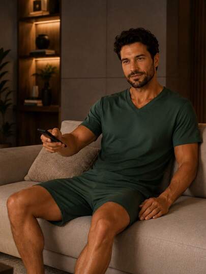 Pijama Masculino Verão Gola V Camisa Manga Curta Short Adulto