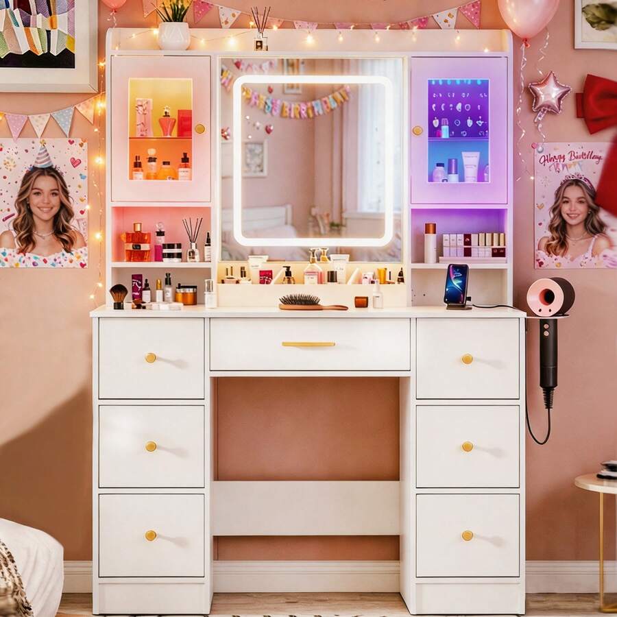 ✨[VIRAL VANITY]Holiday Gift! White Vanity Desk With Mirror 7 Drawers,3-Mode & Hairdryer Holder, Bedroom Makeup Organizer, Gift For Women|FYP|Birthday Christmas Holiday Gift|Perfect Addition To Makeup Routine For Shows,Gatherings And Festivals!✨ - 白色 - 查看 1