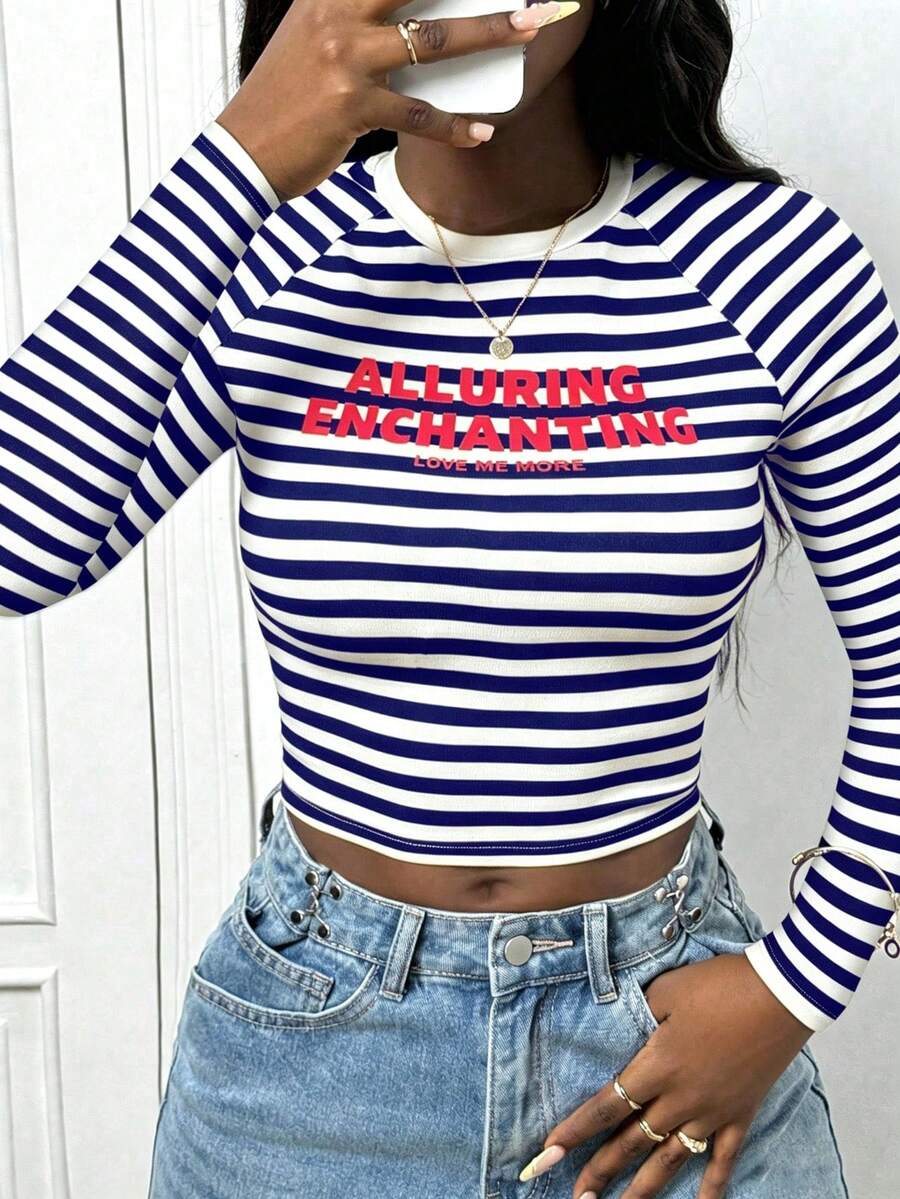 Casual Street Yellow & Black Striped Letter Print Crew Neck Slim Fit Long Sleeve T-Shirt For Women, Suitable For Music Festivals, Graduation Ceremonies, Back To School, Daily Outings, Women's Brunch, Party Gatherings - B Striped Cropped Top Summer Cropped Top Women's Autumn Outfit - Blue - View 1