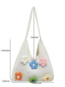3D彩色花卉手工貼花裝飾，大容量可收納雨傘、水壺、書籍與日常用品，開口式簡易套入封口，清新田園療癒風迷你托特包，女孩海灘度假野餐日常穿搭，手提白色溫柔可愛氛圍小手提包 - 白色 - 查看 3