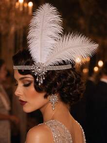 1pc Vintage 1920s Flapper White Feather Headband, Multi-Layer Rhinestone Gatsby Women's Roaring Party Evening Headpiece - Rhinestones - View 3