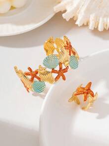 2pcs Ocean Starfish Shell Jewelry Set, Gradient Enamel Open Cuff Bracelet, Adjustable Ring, Beach Accessories - Colorful - View 5