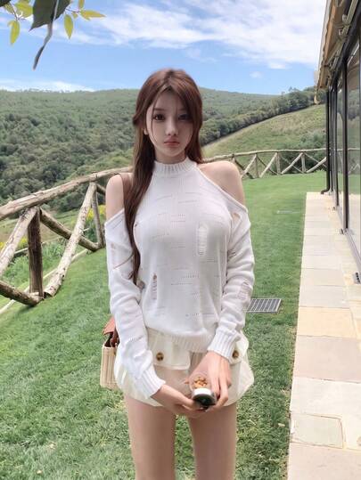 American Style Sexy Sexy Long Sleeve Halter Neck Cold Shoulder Hollow Knit Cover-Up Top, Loose Fit Versatile Knit Top For Women, Autumn White