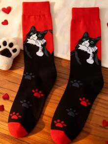 1/2/5 Pairs Women's Red Cat Mid-Calf Socks, Fashionable Unique Niche Soft Comfortable Cartoon Design For Daily Wear - Multicolor - View 8