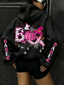Ghost Letter Bat Print Sweatshirt, Plus Size Women's Casual Autumn/Winter Long Sleeve Pocket Hooded Sweatshirt Black - Black - View 2