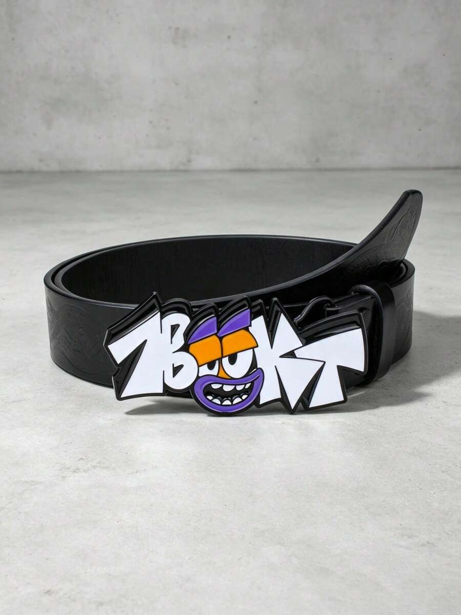 1pc New Halloween Street Graffiti Cartoon Letter Buckle Decor Belt, Floral Print Black PU Leather Belt, Unisex - Black - View 1