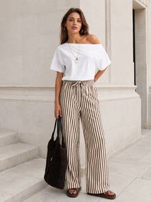 Women's Autumn Four Seasons Holiday Beach Brown Striped Bubble Gauze Wide Leg Pants Set, Tropical Style School Campus, Back To School Season Long Pants, Teacher's Day Striped Pants - Brown - View 1