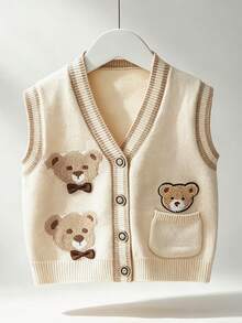Boys Cute Bear Embroidered Knitted Vest, Versatile V-Neck Button Sweater Vest - Khaki - View 1
