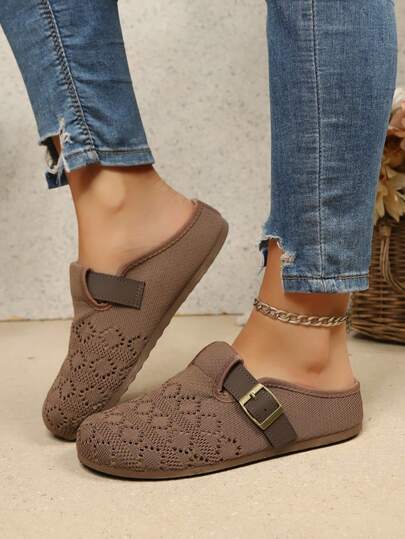 Summer New Buckle Women's Shoes, Women's Slip-On Flat Solid Color Sandals, Closed-Toe Thick Sole Sandals, Summer Women's Round Toe Brown Sandals, Wedge Sandals, Fashionable Minimalist, Elegant Comfortable And Versatile Summer Outdoor Casual Shoes, Home, Outdoor, Beach, Vacation, Office Women's Shoes