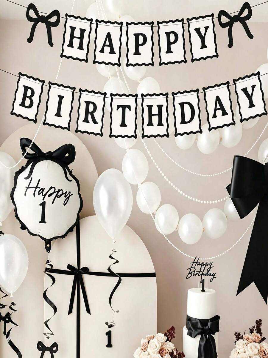 1pc Black & White Bohemian Minimalist Happy Birthday Paper Banner With ...