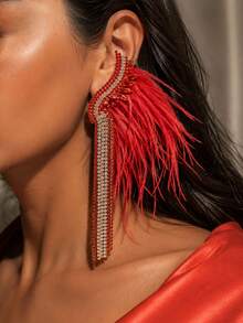 outingfit 1 Pair New Red Feather Tassel Earrings, Exaggerated High-End Rhinestone Ear Cuff, Unique Accessory - Gold - View 1