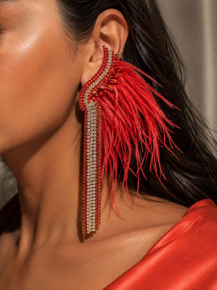 outingfit 1 Pair New Red Feather Tassel Earrings, Exaggerated High-End Rhinestone Ear Cuff, Unique Accessory - Gold - View 1