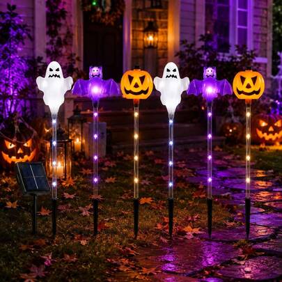 مجموعة واحدة من 6 أضواء وتد شمسية على شكل قرع وشبح وخفافيش للهالوين، أضواء LED خارجية للممرات والحدائق باللون البرتقالي والبنفسجي والأبيض مع تشغيل/إيقاف تلقائي للفناء والعشب والممر والشرفة والفناء والباب الأمامي وديكور حفلة منزل مسكون