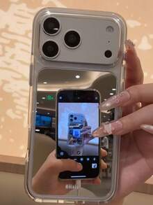 Korean Style Ins Niche Minimalist Mirror Solid Color Polka Dot Phone Case Compatible With Apple 17 Pro Max, 16 Pro, 17, 14 Pro, 15 Pro, 18, 18 Pro Max, Creative Full Coverage Dual Layer Anti-Drop Phone Cover - Silver - View 2