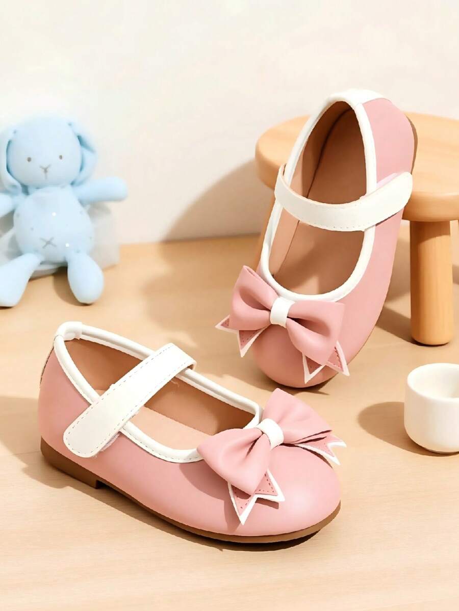 1 Pair Kids Cute Pink Mary Jane Princess Shoes, Star Trim Bow Toe, White Hook & Loop Strap, Soft Sole Non-Slip Girls Shoes, Suitable For All Seasons, Daily School, Birthday Party, Wedding, Outing, Matching Various Dresses - Pink - View 1