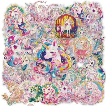 30Pcs Holographic Galaxy Unicorn Sticker Pack, Fantasy Floral Waterproof Decor Stickers, DIY Ornament For Travel Suitcase Water Cup, Ideal Back To School Gift For Teenagers