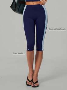 Sodalemon Women's Colorblock Seamless Front Fitness Cycling 7/9 Length Tight Leggings With Butt Lift Elastic Waistband For Running Pilates Yoga Workout - Blue - View 1