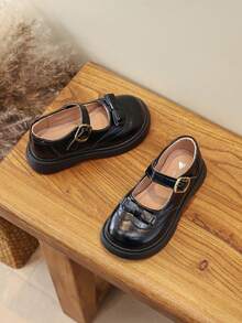 Girls' British Style Leather Shoes, T-Strap Buckle, Brogue Carved Design, Versatile Student Shoes For Spring And Autumn - Black - View 4