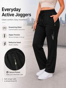 Women's Black Drawstring Jogger Pants With Zipper Pockets And Reflective Detail, Tapered Active Pants For Daily Wear - Black - View 2