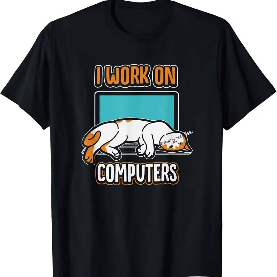 Black T-Shirt For Adults With Funny Halloween Cats And Computers - 款式 - 查看 1