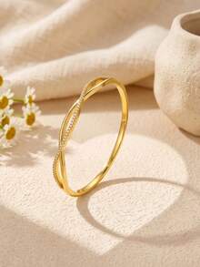 1/3pcs 18K Gold Plated Jewelry Set, Infinity Cuff Ring & White Enamel Link Chain Bracelet, Versatile Daily Wear - Gold - View 2