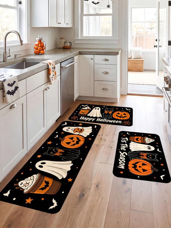 1/16Pcs Halloween Themed Doormat/Floor Mat Printed With Ghost, Pumpkin, Black Cat Patterns; Suitable For Entryway, Kitchen Or Bathroom; Dirt-Resistant Material; Perfect For Halloween Party Decoration And "Trick Or Treat" Holiday Atmosphere
