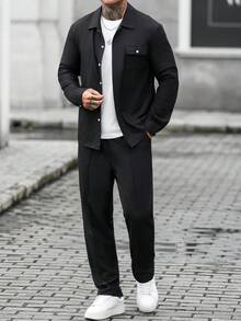Men's Casual Solid Color Single-Breasted Long Sleeve Shirt And Pants Set - Black - View 3